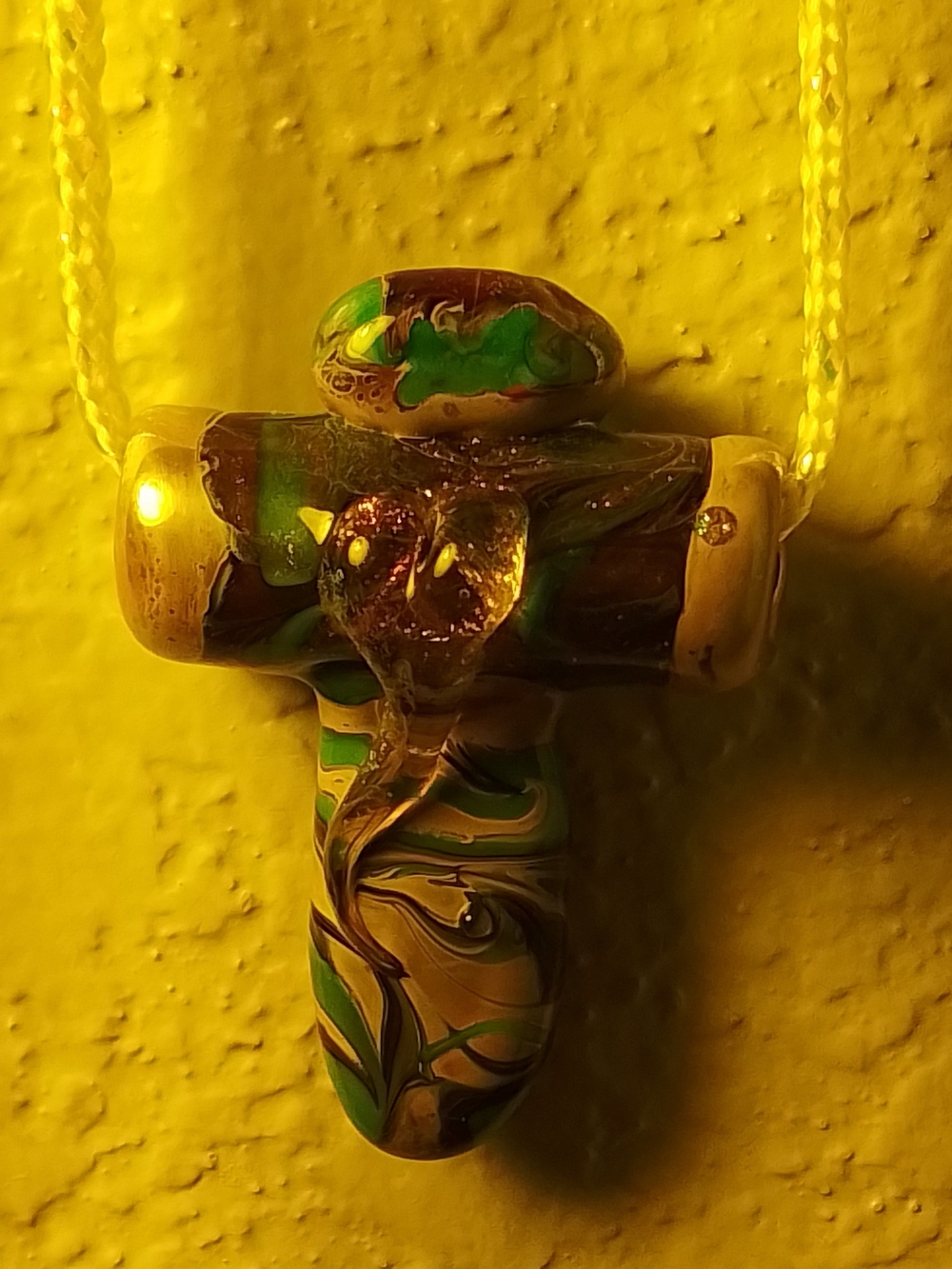 Handmade Swirled Glass Cross Pendant in Green and Brown